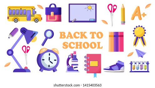 Back to school big set, different school supplies, stationery  flat vector illustration icons. Schoolbag, bus, building, chalkboard, stationery items. Primary school year equipment and appliances.