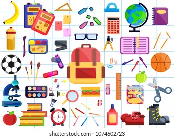 Back to school big set. First day in school. Different school supplies, stationery
Modern flat vector illustration icons. Isolated on white. Paint, pencils, notepad, bag, microscope, globe, apple, pen