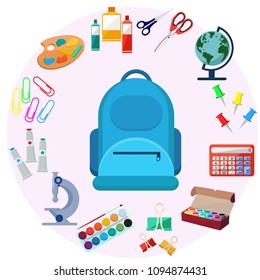 Back to school big set. First day in school. Different school supplies, stationery Modern flat vector illustration icons. Isolated on white. Paint, pencils, notepad, bag, microscope, globe, apple, pen