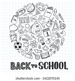 Back to school. Big set of hand drawn school elements in flat outline style and lettering on a sheet of paper. Concept of education. Create poster, cover, card, print, banner.