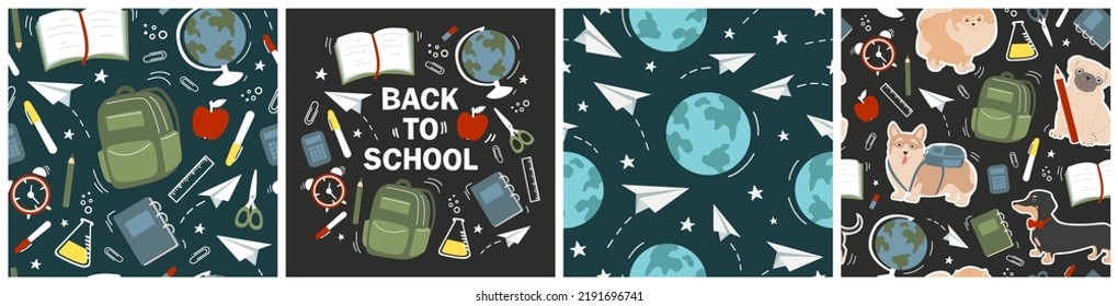 Back to school. Big set of vector seamless patterns and postcard with school elements.