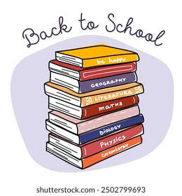 Back to school. Big stack of various textbooks isolated on a white background. Pile of colorful books. Hand drawn educational vector illustration