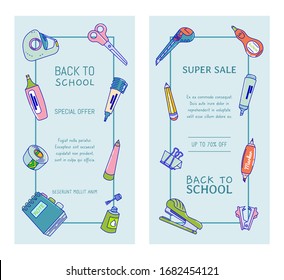 Back to school big super sale concept flyer and poster with school supplies. Educational items: note, pen, paper knife etc. Sale for shopping discount promotion. Line style. Vector illustration.