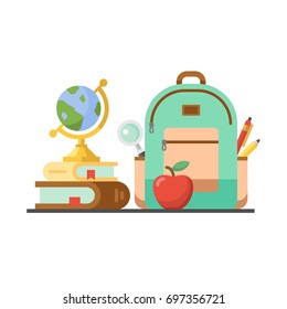 Back to school. Big vector collection of colorful school icons. Books, supplies and learning symbols. College training and graduate symbols. Vector flat illustration.