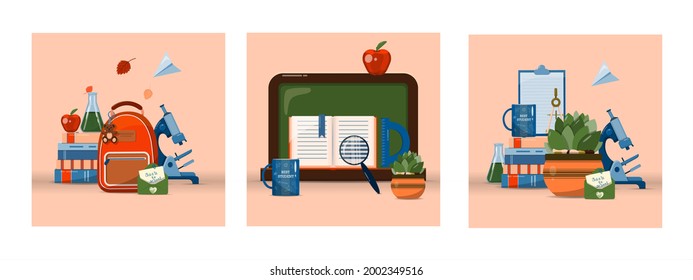 Back to school. Big vector set. Stationery for school, university and office. Cartoon school supplies. A set of colored icons. Flat illustrations for elementary school. Bright cut out cliparts