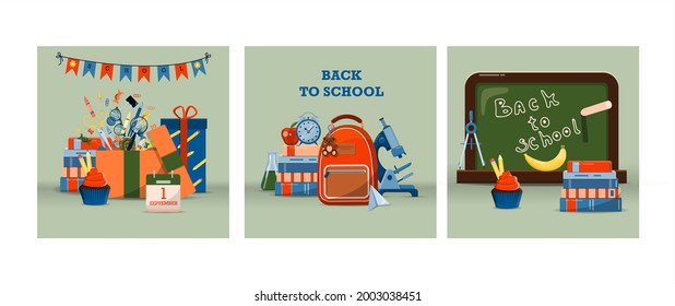 Back to school. Big vector set. Stationery for school, university and office. Cartoon school supplies. A set of colored icons. Flat illustrations for elementary school. Bright cut out cliparts