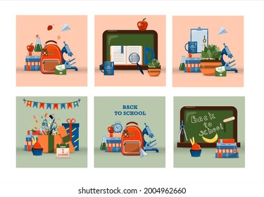 Back to school. Big vector set. Stationery for school, university and office. Cartoon school supplies. A set of colored icons. Flat illustrations for elementary school. Bright cut out cliparts