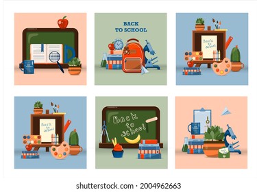 Back to school. Big vector set. Stationery for school, university and office. Cartoon school supplies. A set of colored icons. Flat illustrations for elementary school. Bright cut out cliparts