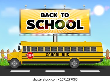 back to school billboard with school bus on road