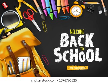 Back to School In Black Background Banner with Orange Backpack and School Supplies Like Notebook, Pen, Pencil, Colors, Ruler, Magnifying Glass, Eraser, Paper Clip, Sharpener, Alarm Clock and Paint