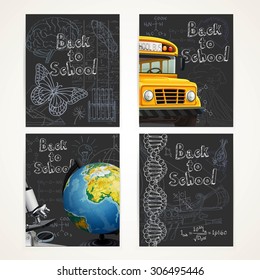 Back to school black banners set with doodles, yellow bus and globe of planet Earth 