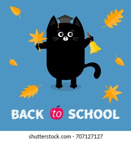 Back to school. Black cat Graduation hat Academic Cap Orange red fall leaf Ringing gold bell. Autumn season. Cute funny cartoon baby character. Pet animal collection. Blue background. Isolated. Vector