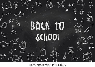 Back to School. Black chalkboard. Hand drawn doodles. Vector