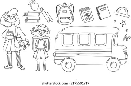 Back to school black contour elements set isolated for coloring page