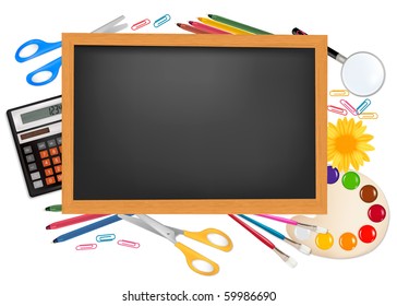 Back to school. Black desk with supplies. Vector.