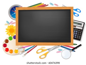 Back to school. Black desk with supplies. Vector.