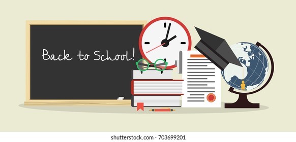Back to school. Black desk with school supplies. Vector.