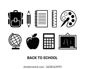 Back to School Black Icon Set, School Supplies Vector Illustration, Isolated vector education icons