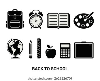 Back to School Black Icon Set, School Supplies Vector Illustration, Isolated vector education icons