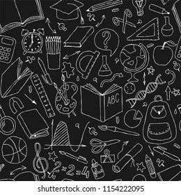 Back to school black and white doodle hand draw seamless vector pattern. Good for textile fabric design, wrapping paper and website wallpapers.