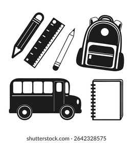 Back to school black and white icons school supplies and bus clip art