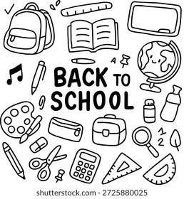 Zurück zur Schule Schwarz-Weiß-Illustrationssatz mit Schulmaterial, Rucksack, Büchern und pädagogischen Elementen. Handgezeichnete Kontur doodle Stil Illustration für Bildungskonzepte, Arbeitsblätter und Schuldesigns.