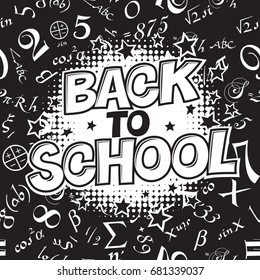 Zurück zur Schule Schwarz-Weiß-Illustration. Retro-Monochrome-Illustration im Comic-Stil. Halfone Hintergrund und dekorative Elemente. 