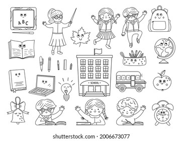 Back to school black and white kawaii vector set of elements. Educational clipart collection with cute line smiling objects.  Funny outline teacher and pupils illustration for kids.
