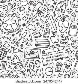 Back to school black and white vector seamless pattern with various doodles, related to study and learning. Cartoon outline print