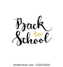 Back to school black and yellow hand drawn lettering on white background. Brush calligraphy for 1st september cards, posters, banners, etc.