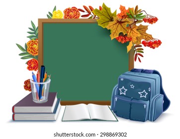 Back to school. Blackboard, backpack, books on background autumn leaves. Illustration in vector format