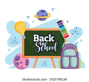 Back to School blackboard backpack palette color cartoon vector illustration