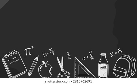 Back to school blackboard banner with notebook, backpack, apple, and math equations written in white chalk style.