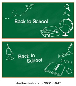 Back to school blackboard banners with chalked hand drawn school items 