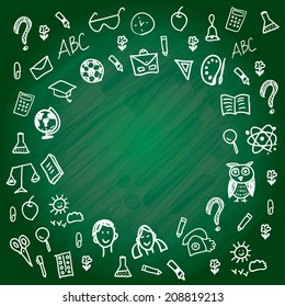 back to school. Blackboard chalk sketch. White line on a green background. vector 