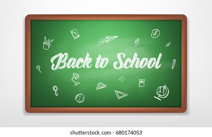 Back to school. Blackboard with chalk written typography back to school and hand drawn chalk scetches. Green blackboard