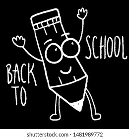 Back to school blackboard with character funny smile pencil vector illustration. Smiling face. Raised hands
