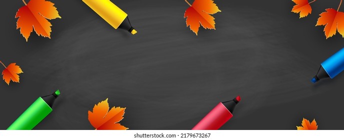 De vuelta a la escuela - pizarra con marcadores de colores y hojas de otoño. Plantilla para el texto. Ilustración vectorial.