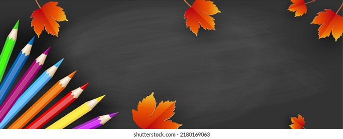 Back to School - blackboard with colored pencils and autumn leaves. Vector illustration.