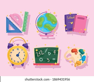 back to school, blackboard globe ruler books and clock icons vector illustration