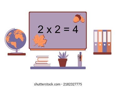 De vuelta a la escuela. Pizarra, globo, libros de texto, lápices y lapiceros, plantas. Ilustración del vector 
