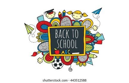 Back to School Blackboard Hand Drawn Doodle Bright vector illustration with the words back to school on a chalk board surrounded by abstract shapes, swirls, pencils, kids, paper planes, books & hands