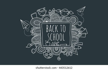 Back to School Blackboard Hand Drawn Doodle Vector
Illustration with the words back to school on a chalk board surrounded by abstract shapes, swirls, pencils, kids, paper planes, books, and hands