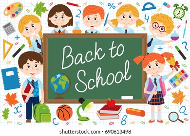 back to school blackboard with schoolchild and school supplies  - vector illustration, eps