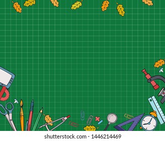 Back to school. Blackboard and student tools. Color vector illustration. Hand drawing.