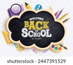 Back to school blackboard vector template. Welcome back to school greeting text in chalk board space with learning elements, supplies and items for educational background. Vector illustration school 