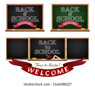 Back to school. Blackboards set for the Day of Knowledge. Welcome back to school text drawing by chalk in blackboard. Vector illustration