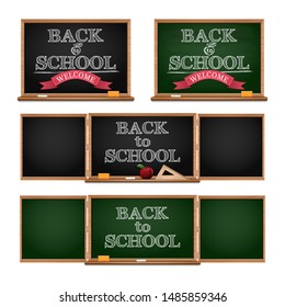 Back to school. Blackboards set for the Day of Knowledge. Welcome back to school text drawing by chalk in blackboard. Vector illustration