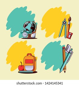Back to school blank cards collection splash frame with utensils cartoons. vector illustration graphic design