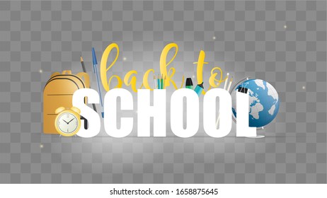 Zurück zur Schule.
Leere Schriftart für Banner auf dem Thema Rückkehr zur Schule.
Schöne Schriftart, gelber Rucksack, gelbe alte Uhr, Stifte, Stifte, Marker, Globus. Vektorillustration